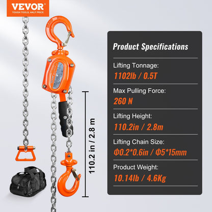Manual Lever Chain Hoist, 0.5 Ton Capacity, 2.8m Lift, 360° Rotating Hook
