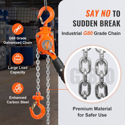 Manual Lever Chain Hoist, 0.25 Ton Capacity, 2.8 m Lift, G80 Steel, 360° Hook