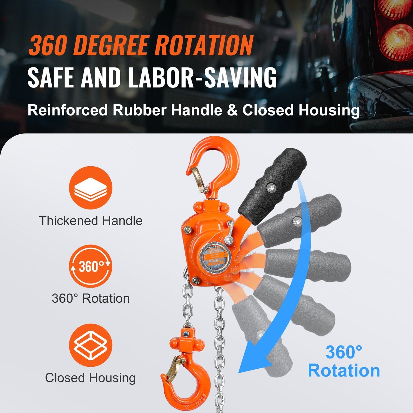 Manual Lever Chain Hoist, 0.25 Ton Capacity, 2.8 m Lift, G80 Steel, 360° Hook