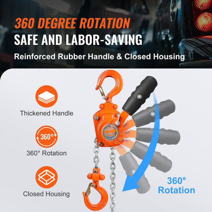 Manual Lever Chain Hoist, 0.25 Ton Capacity, 2.8 m Lift, G80 Steel, 360° Hook