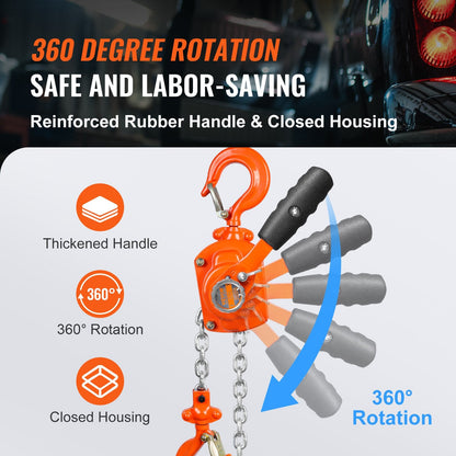 Manual Lever Chain Hoist, 0.5 Ton 3.8 kg Capacity, 1.4 m Lift with 360° Hook