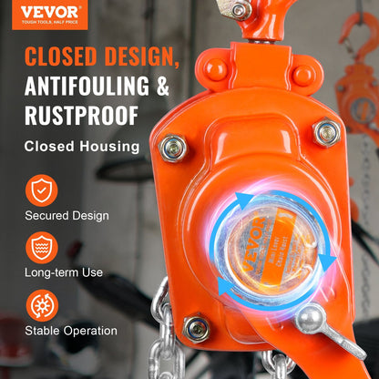 Manual Lever Chain Hoist, 0.25 Ton Capacity, 1.4 m Lift, G80 Steel, 360° Hook