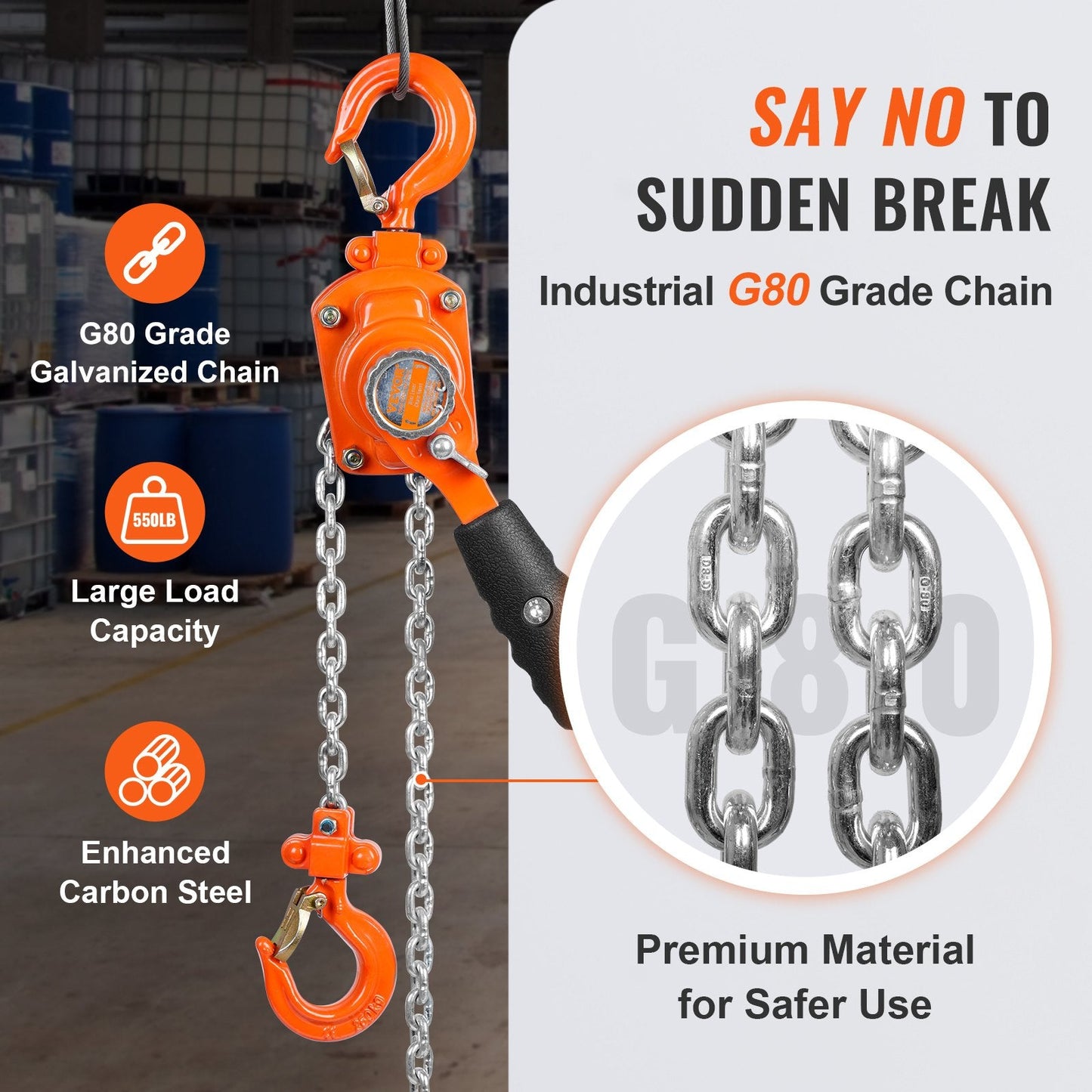 Manual Lever Chain Hoist, 0.25 Ton Capacity, 1.4 m Lift, G80 Steel, 360° Hook