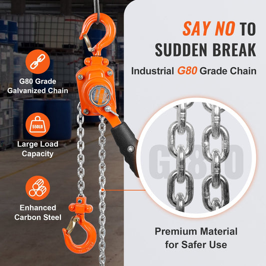 Manual Lever Chain Hoist, 0.25 Ton Capacity, 1.4 m Lift, G80 Steel, 360° Hook