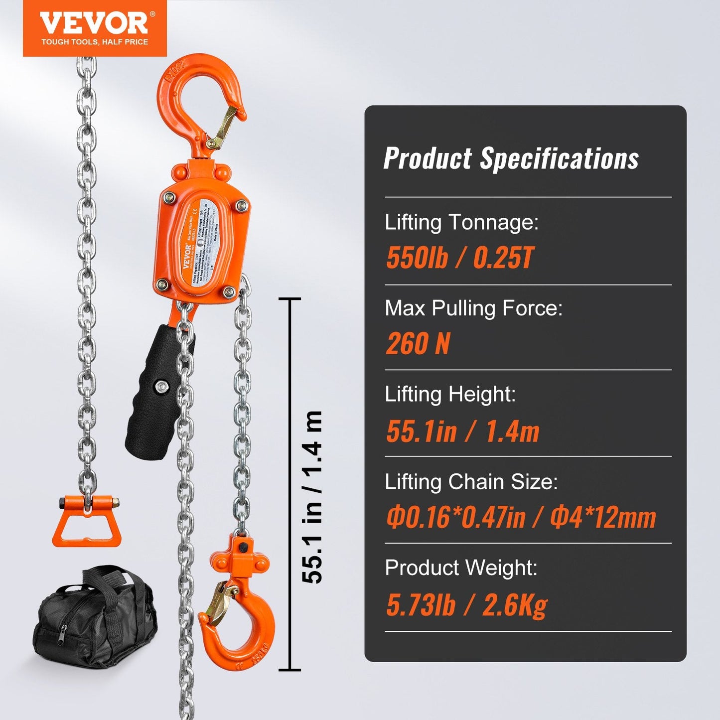 Manual Lever Chain Hoist, 0.25 Ton Capacity, 1.4 m Lift, G80 Steel, 360° Hook