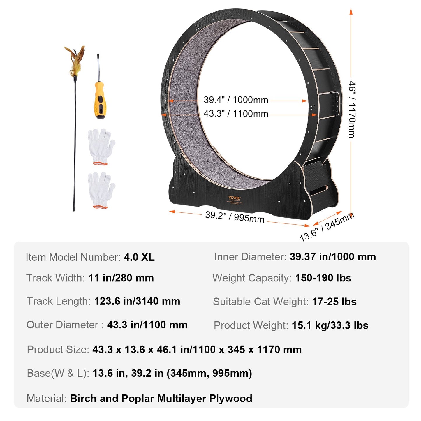 VEVOR Cat Exercise Wheel, Large Cat Treadmill Wheel for Indoor Cats, 43.3 inch Cat