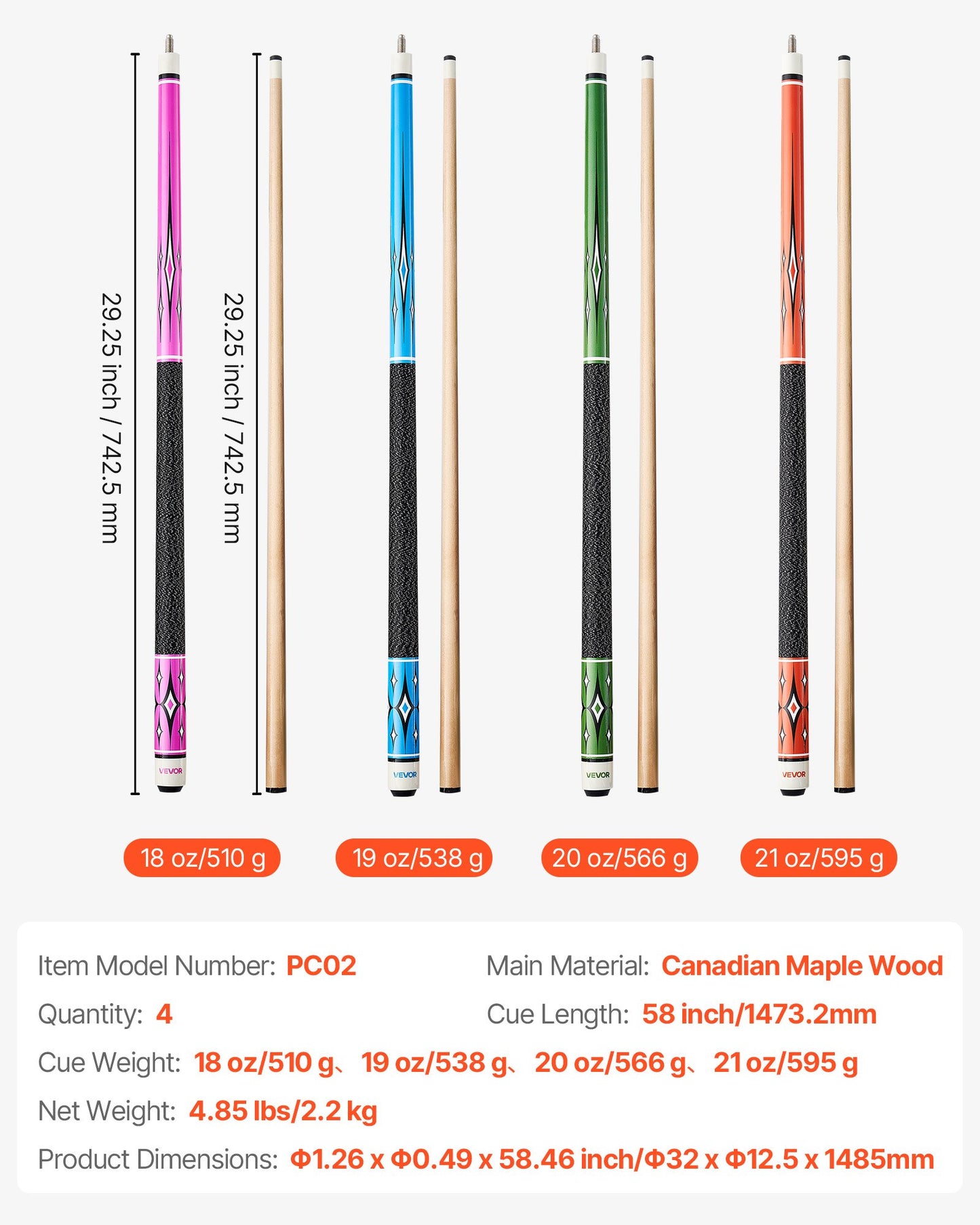 Pool Cue, 4 Pieces Pool Stick, 1473.2mm Canadian Maple Wood Billiard Pools Stick with ABS Connection Ring, Cues Sticks for Professional Pool Table, Bar, Home, Office, 510g, 538g, 566g, 595g