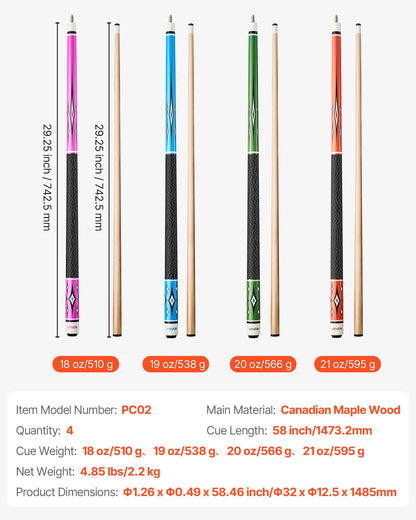 Pool Cue, 4 Pieces Pool Stick, 1473.2mm Canadian Maple Wood Billiard Pools Stick with ABS Connection Ring, Cues Sticks for Professional Pool Table, Bar, Home, Office, 510g, 538g, 566g, 595g