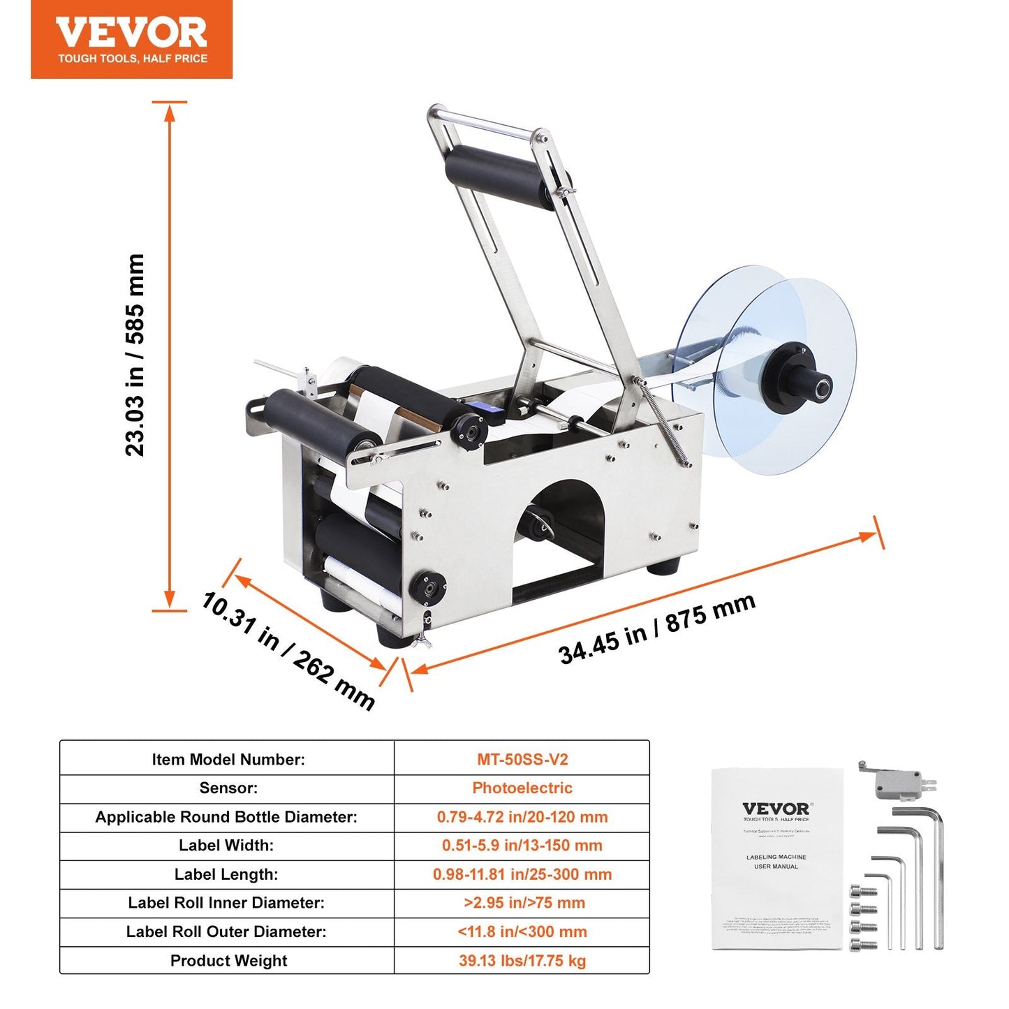 Semi-Automatic Round Bottle Labeling Machine, Adjustable, 17.75 kg, 0.875 m