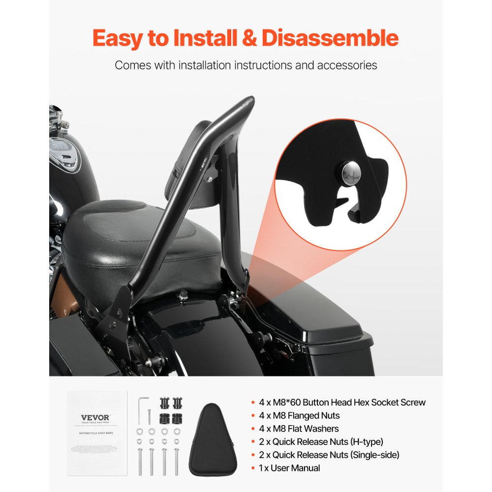 VEVOR Motorcycle Backrest Sissy Bar for Harley-Davidson Touring Models 685mm