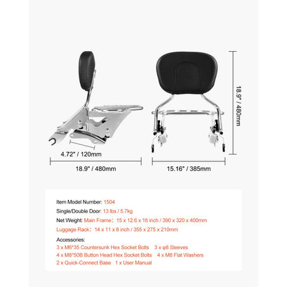 VEVOR Motorcycle Backrest Sissy Bar with Luggage Rack Harley-Davidson Touring