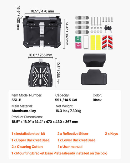 VEVOR 55L Motorcycle Top Case Universal Motorbike Tail Box with Leather Lining