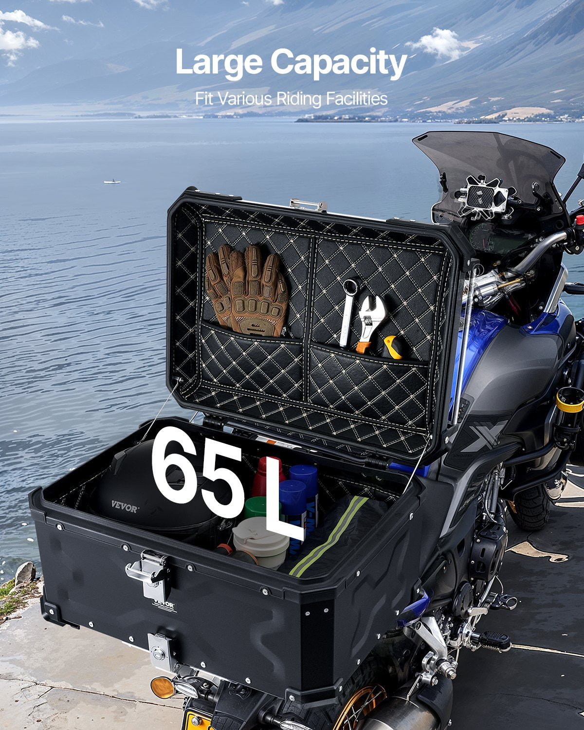 VEVOR 65L Motorcycle Top Case Universal Motorbike Tail Box with Leather Lining