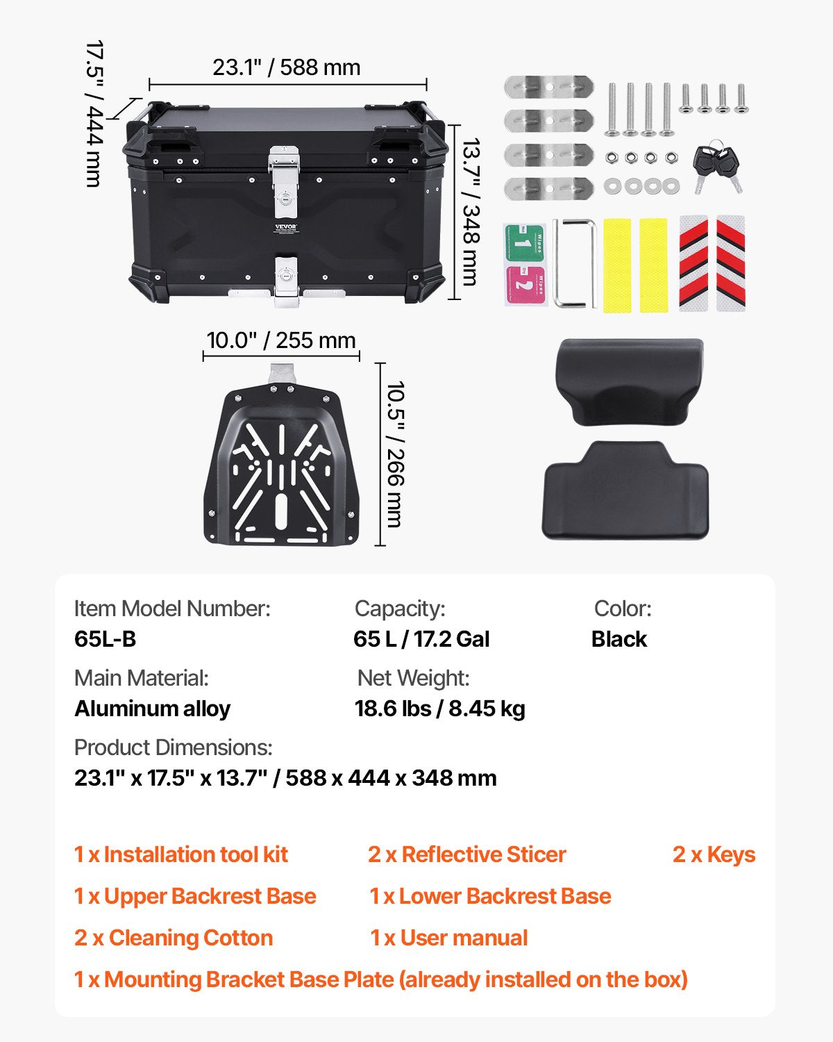 VEVOR 65L Motorcycle Top Case Universal Motorbike Tail Box with Leather Lining