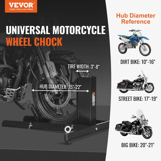 Adjustable motorcycle front wheel stand fits tire widths from 3 to 8 inches for versatile use