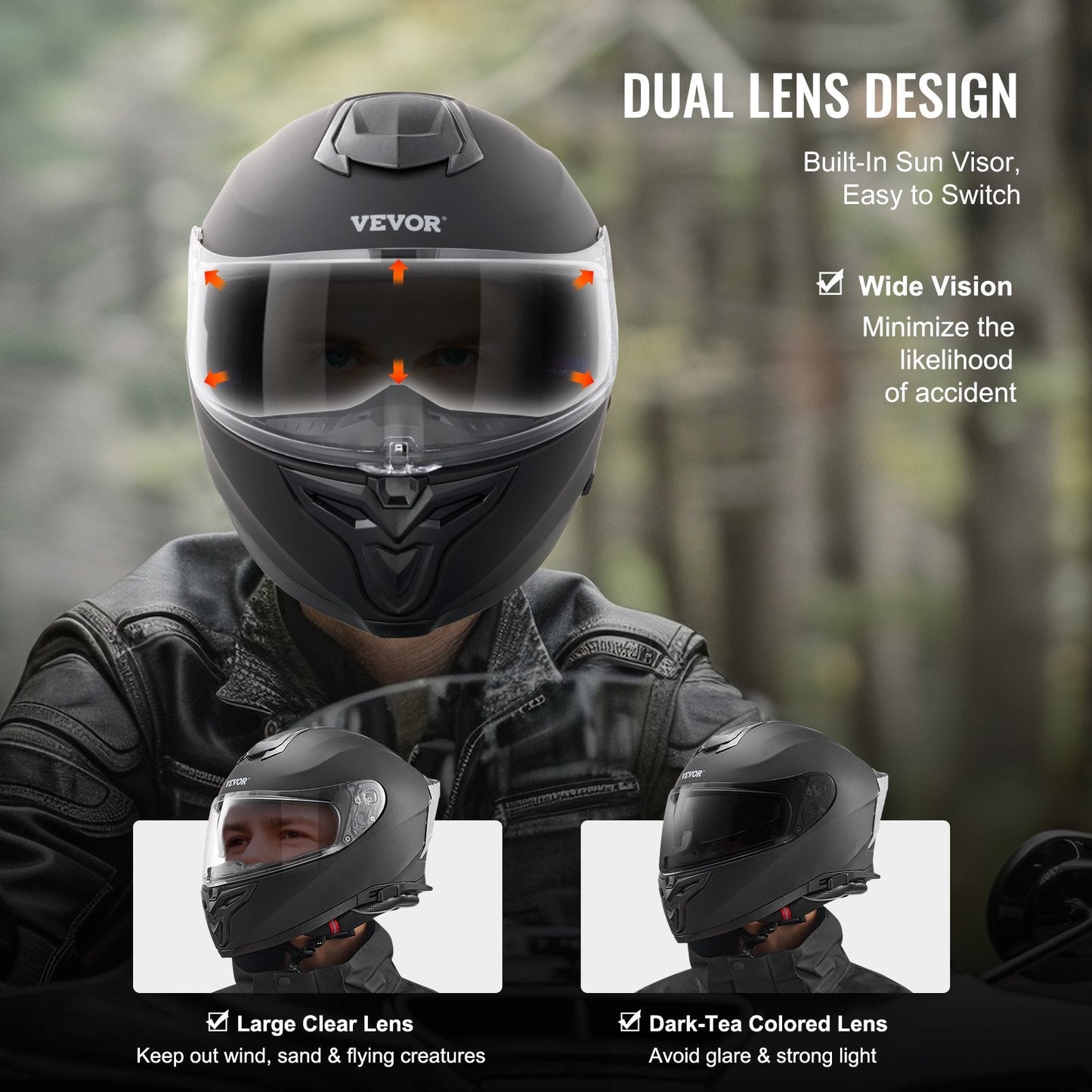 Full Face Motocross Helmet with Bluetooth Slot and Sunshade Lens, Size XL