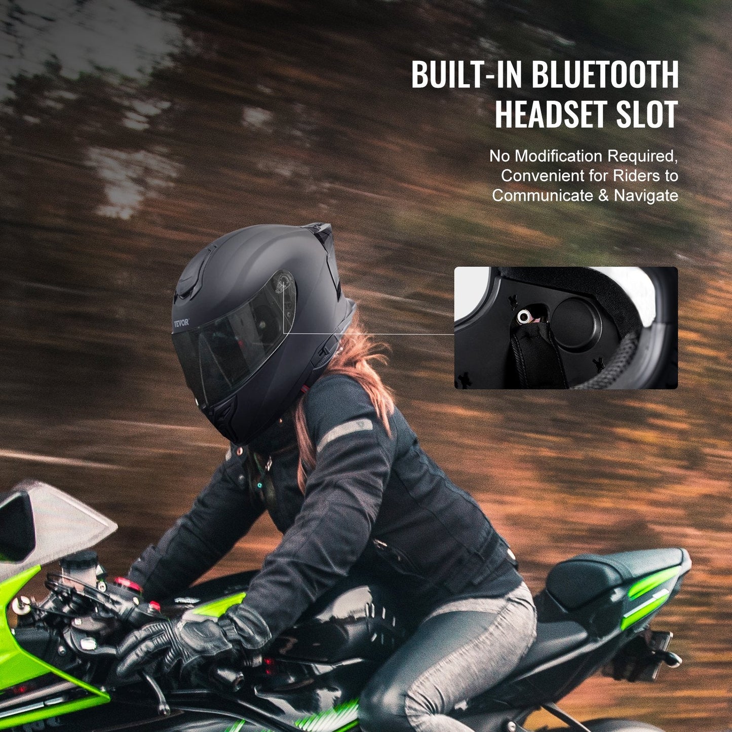 Full Face Motocross Helmet with Bluetooth Slot and Sunshade Lens, Size XL