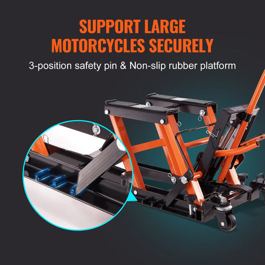 Hydraulic Motorcycle Jack with 0.7 Ton Capacity and Safety Lock, 120-385 mm Range