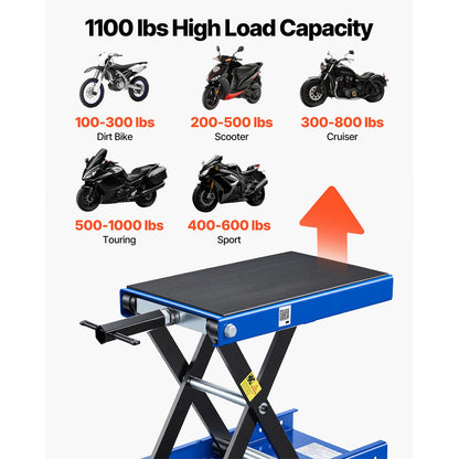 Motorcycle Lift, 499 kg Motorcycle Scissor Lift Jack with Wide Deck & Locking Pin, 95-340 mm Center Hoist Crank Stand, Steel Scissor Jack for Street Bikes, Cruiser Bikes, Touring, Blue/Black