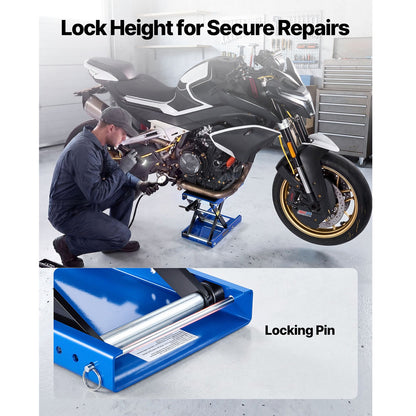 Motorcycle Lift, 499 kg Motorcycle Scissor Lift Jack with Wide Deck & Locking Pin, 95-340 mm Center Hoist Crank Stand, Steel Scissor Jack for Street Bikes, Cruiser Bikes, Touring, Blue/Black