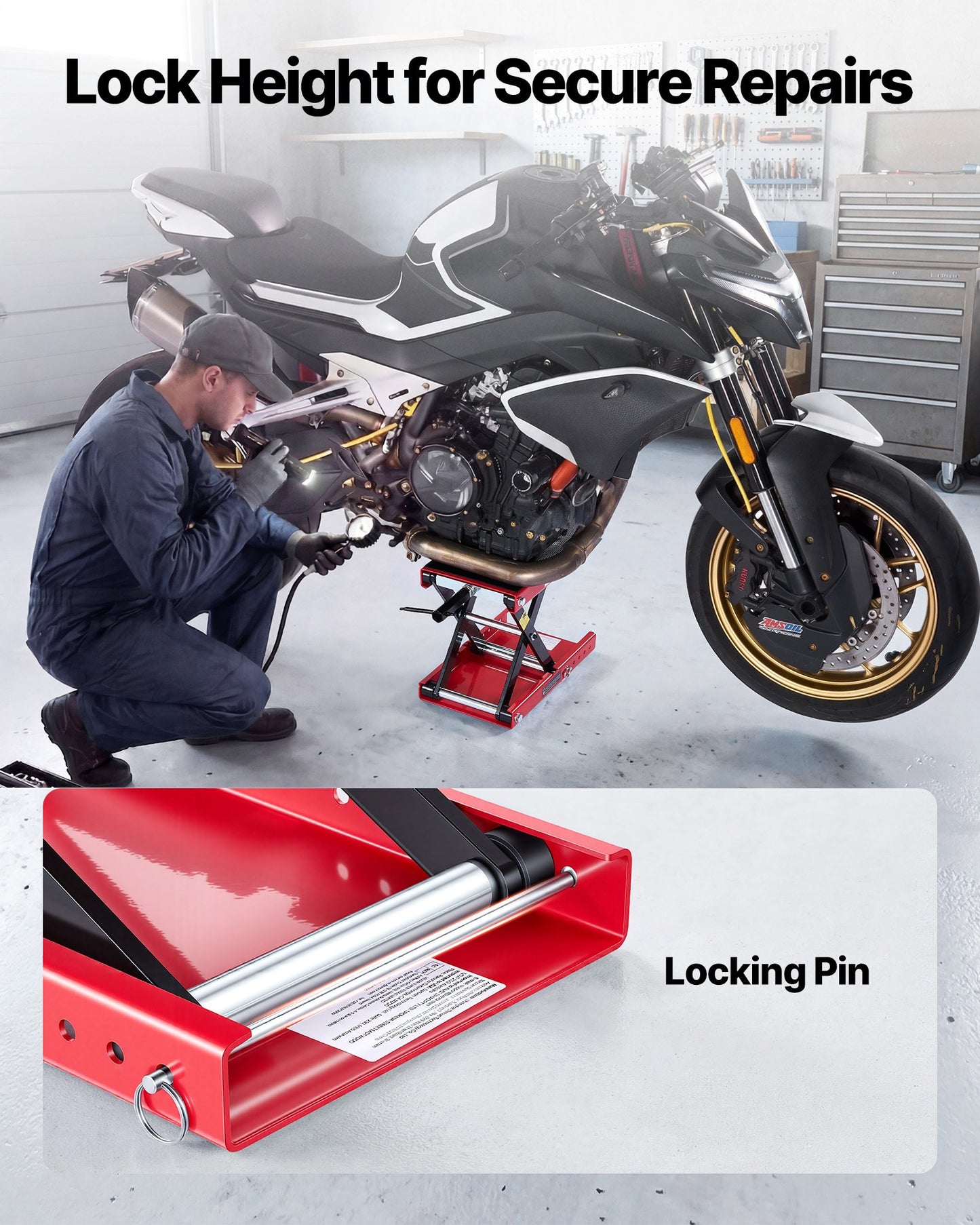 Motorcycle Lift, 499 kg Motorcycle Scissor Lift Jack with Wide Deck & Locking Pin, 95-340 mm Center Hoist Crank Stand, Steel Scissor Jack for Street Bikes, Cruiser Bikes, Touring, Red/Black