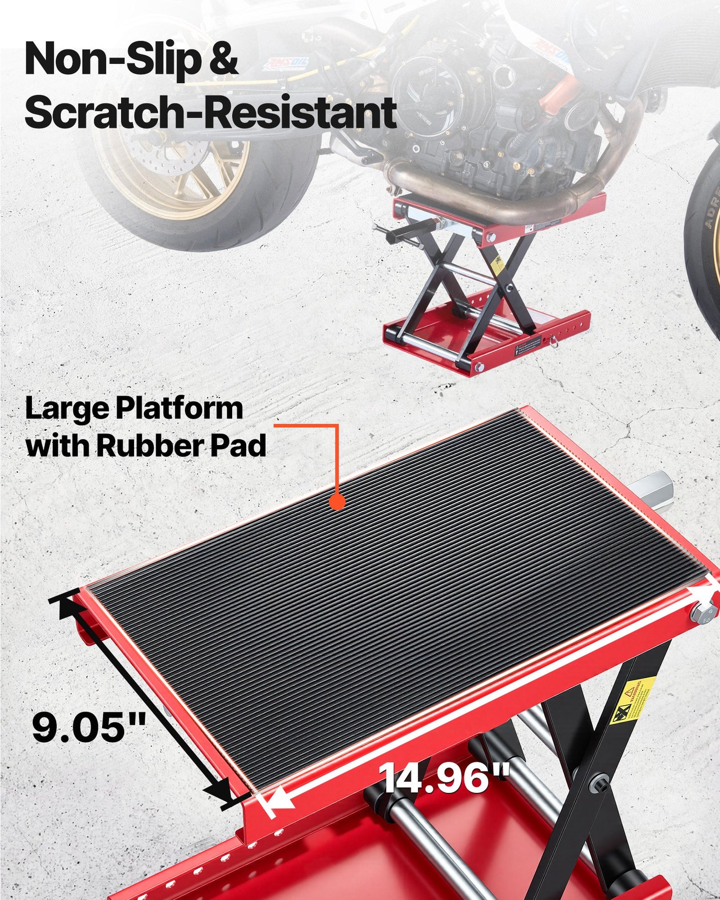 Motorcycle Lift, 499 kg Motorcycle Scissor Lift Jack with Wide Deck & Locking Pin, 95-340 mm Center Hoist Crank Stand, Steel Scissor Jack for Street Bikes, Cruiser Bikes, Touring, Red/Black