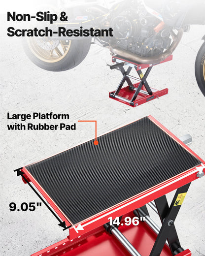 Motorcycle Lift, 499 kg Motorcycle Scissor Lift Jack with Wide Deck & Locking Pin, 95-340 mm Center Hoist Crank Stand, Steel Scissor Jack for Street Bikes, Cruiser Bikes, Touring, Red/Black
