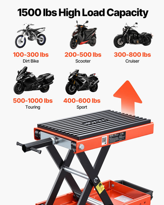 Motorcycle Lift, 680 kg Motorcycle Scissor Lift Jack with Wide Deck & Locking Pin, 105-350 mm Center Hoist Crank Stand, Steel Scissor Jack for Street Bikes, Cruiser Bikes, Touring Motorcycles