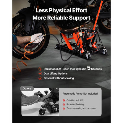 VEVOR 1500lbs Hydraulic & Pneumatic Motorcycle Jack Lift Hoist Stand 2 Casters