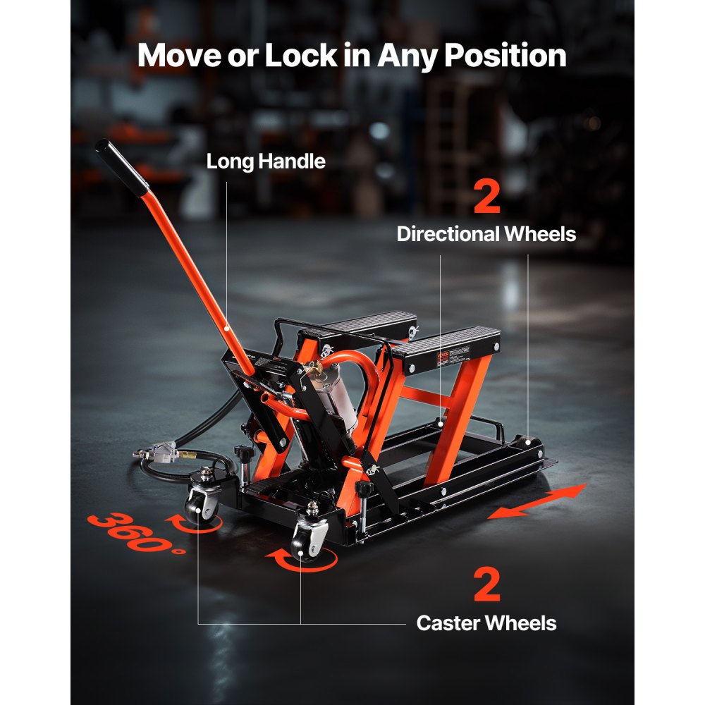 VEVOR 1500lbs Hydraulic & Pneumatic Motorcycle Jack Lift Hoist Stand 2 Casters