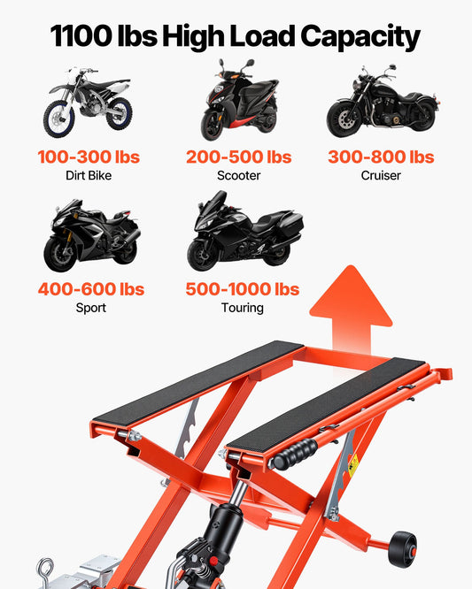 Hydraulic Motorcycle Lift Jack, 499 kg Capacity, Scissor Lift Jack Portable Motorcycle Hoist Stand with 6 Wheels, 120-385 mm Height Range, Hydraulic Foot-Operated Hoist Stand for Dirt Bikes