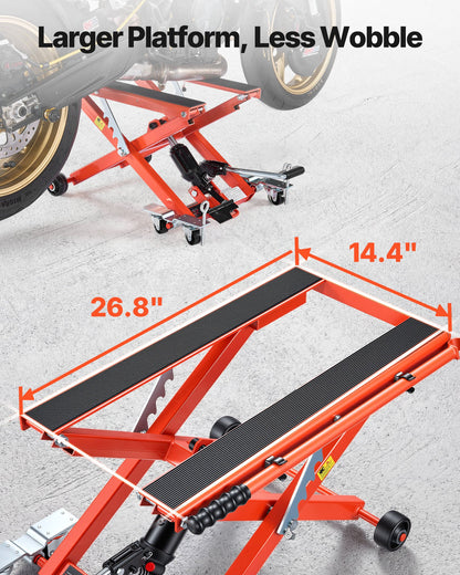 Hydraulic Motorcycle Lift Jack, 499 kg Capacity, Scissor Lift Jack Portable Motorcycle Hoist Stand with 6 Wheels, 120-385 mm Height Range, Hydraulic Foot-Operated Hoist Stand for Dirt Bikes