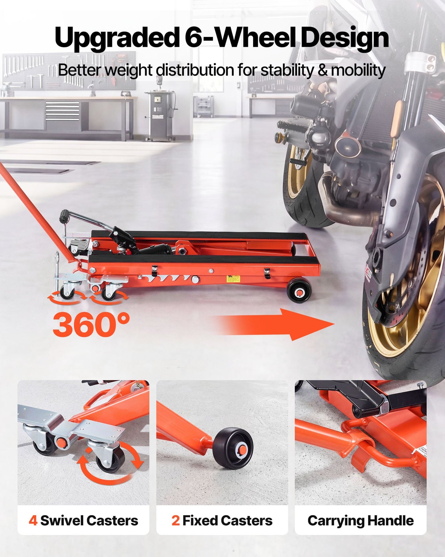 Hydraulic Motorcycle Lift Jack, 499 kg Capacity, Scissor Lift Jack Portable Motorcycle Hoist Stand with 6 Wheels, 120-385 mm Height Range, Hydraulic Foot-Operated Hoist Stand for Dirt Bikes