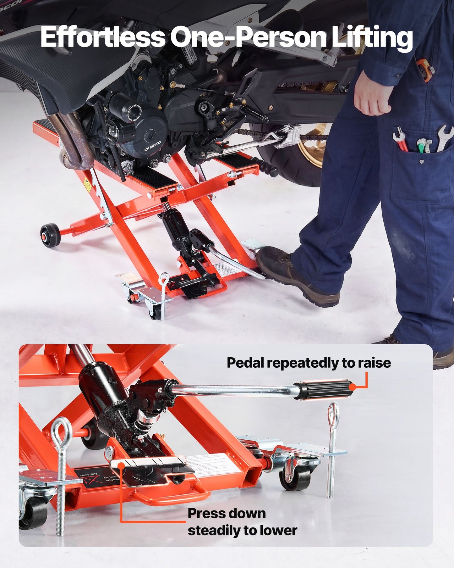 Hydraulic Motorcycle Lift Jack, 499 kg Capacity, Scissor Lift Jack Portable Motorcycle Hoist Stand with 6 Wheels, 120-385 mm Height Range, Hydraulic Foot-Operated Hoist Stand for Dirt Bikes