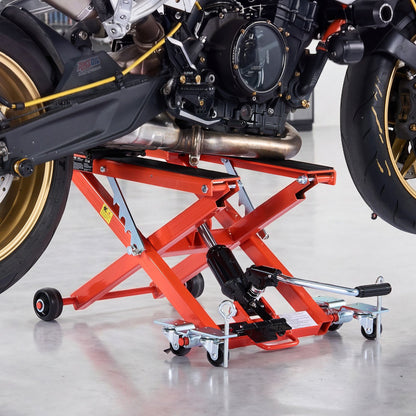 Hydraulic Motorcycle Lift Jack, 499 kg Capacity, Scissor Lift Jack Portable Motorcycle Hoist Stand with 6 Wheels, 120-385 mm Height Range, Hydraulic Foot-Operated Hoist Stand for Dirt Bikes