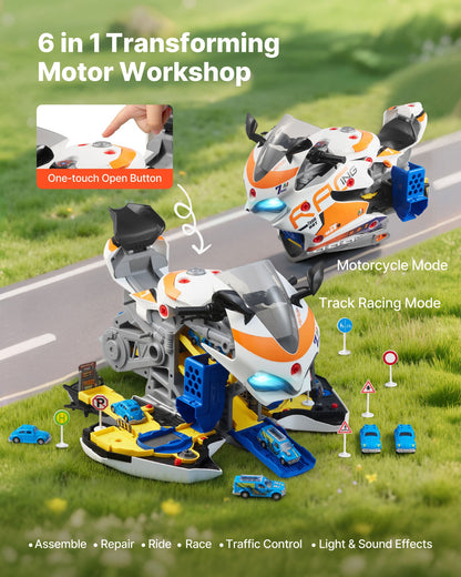 Motorcycle Engine Toy, 25 Pieces, Motorcycle Mechanic Toy with Removable Parts, Lights & Sounds, Simulated Riding & Track Racing, Kids Mechanic Workshop Set for Toddler 3 Years and Up, Yellow