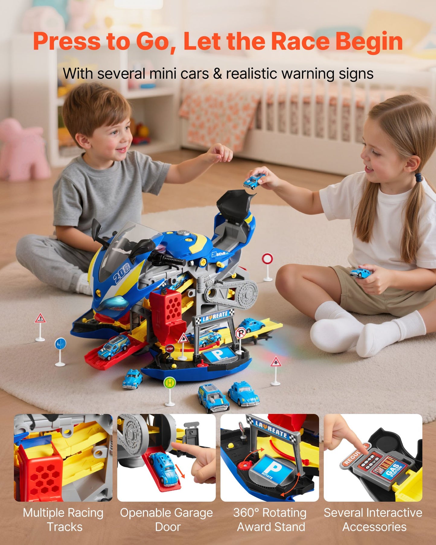 Motorcycle Engine Toy, 25 Pieces, Motorcycle Mechanic Toy with Removable Parts, Lights & Sounds, Simulated Riding & Track Racing, Kids Mechanic Workshop Set for Toddler 3 Years and Up, Blue