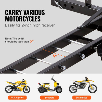 Steel Motorcycle Hitch Carrier with Ramp, 272 kg Capacity, for 2 m Hitch Receiver