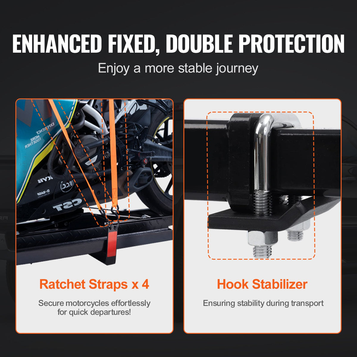Motorcycle Carrier, 600 LBS Steel Motorcycle Carrier Hitch Mount with Loading Ramp, Scooter Dirt Bike Trailer Hauler with Ratchet Straps and Stabilizer, for Car, Truck with 2" Hitch Receiver