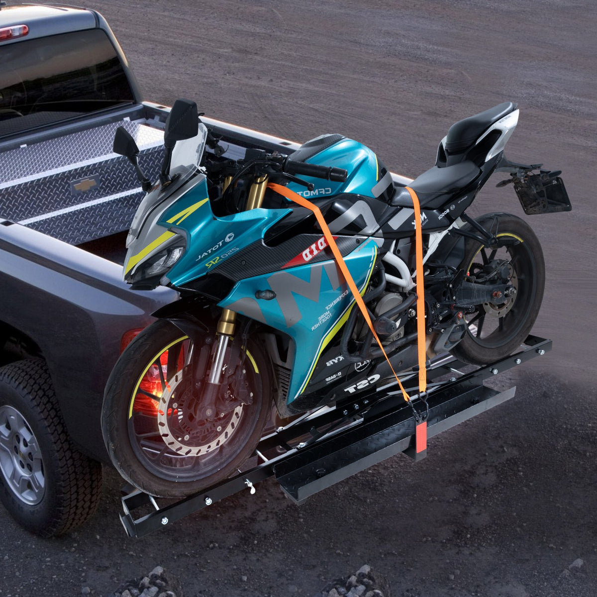 Motorcycle Carrier, 600 LBS Steel Motorcycle Carrier Hitch Mount with Loading Ramp, Scooter Dirt Bike Trailer Hauler with Ratchet Straps and Stabilizer, for Car, Truck with 2" Hitch Receiver