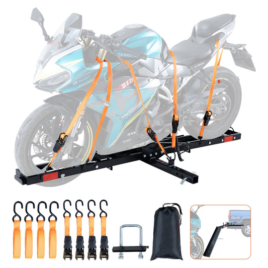 Motorcycle Carrier, 600 LBS Steel Motorcycle Carrier Hitch Mount with Loading Ramp, Scooter Dirt Bike Trailer Hauler with Ratchet Straps and Stabilizer, for Car, Truck with 2" Hitch Receiver