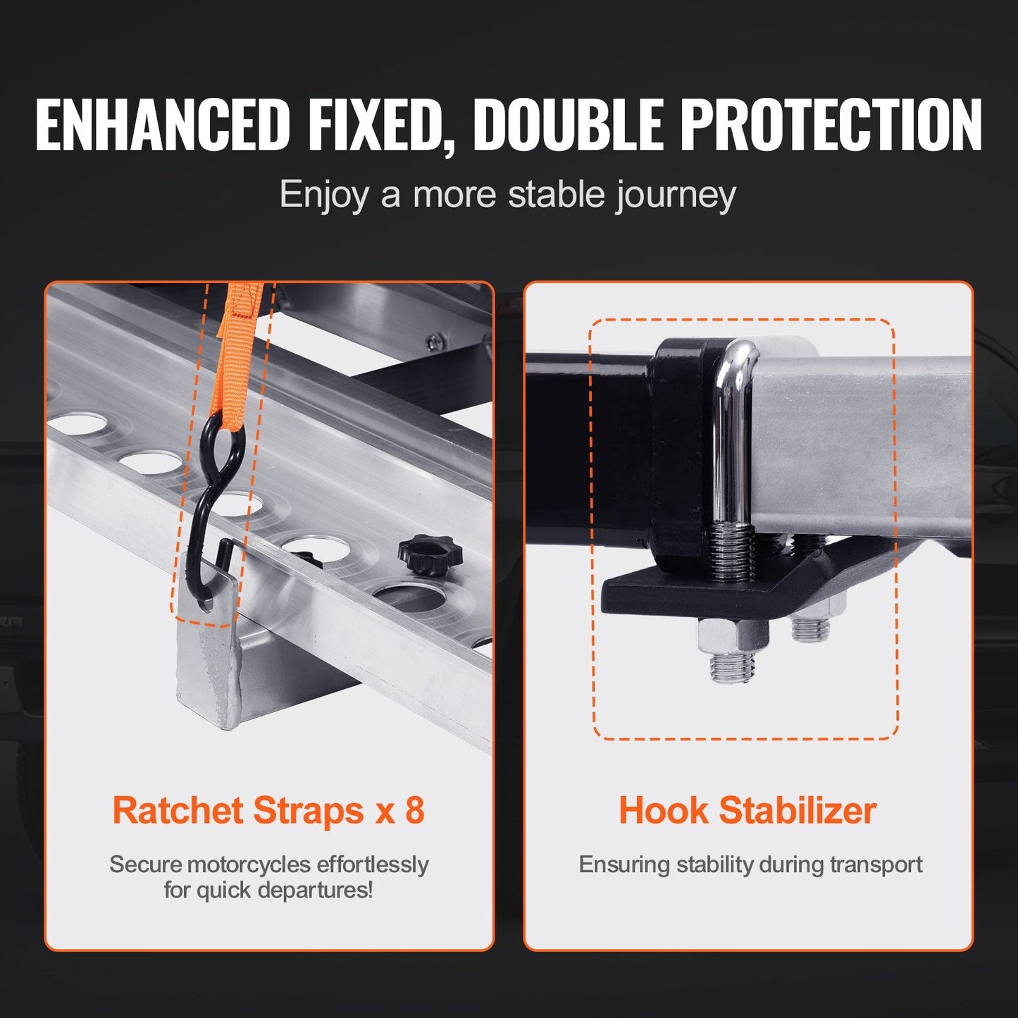 Dual Motorcycle Aluminum Carrier Hitch Mount with Ramp, 272 kg Capacity, Silver