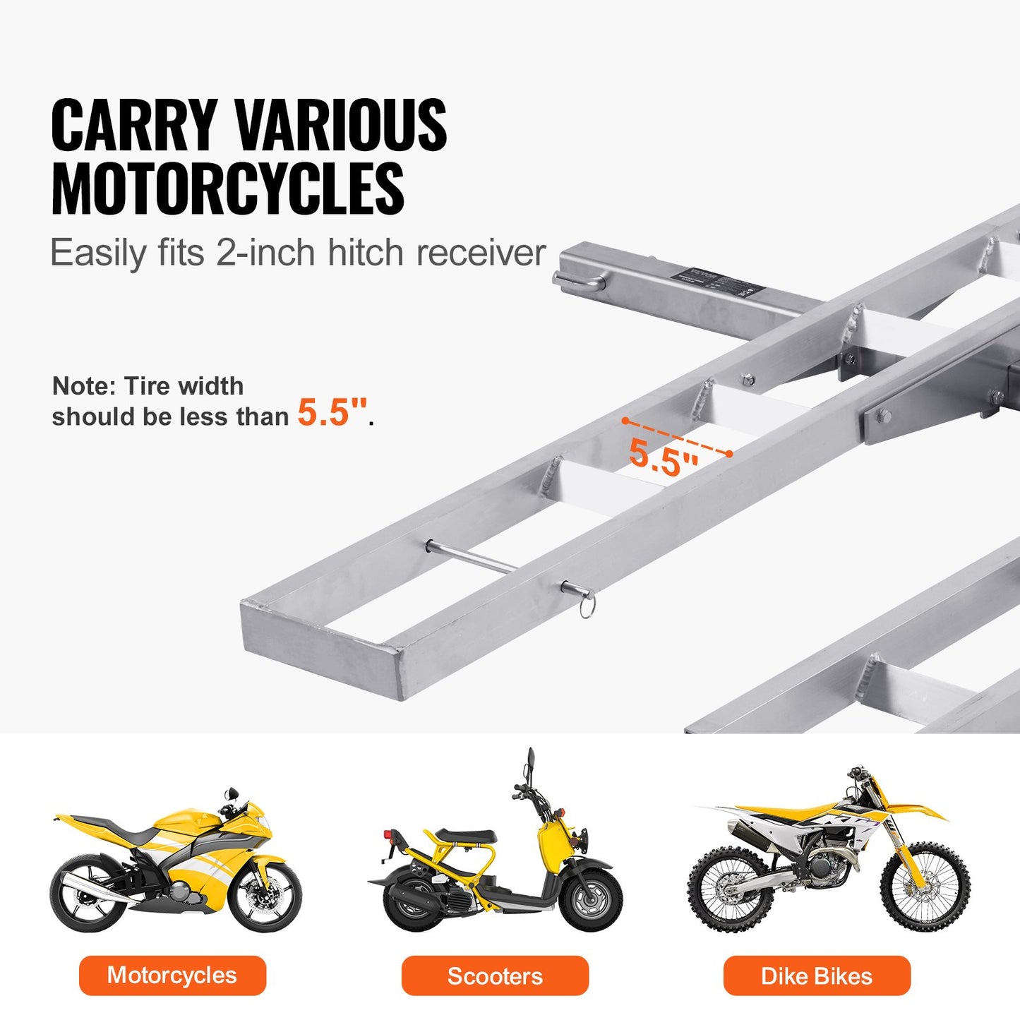 VEVOR Motorcycle Carrier, 2-Bike 272.15KGS Aluminum Motorcycle Carrier Hitch Mount,