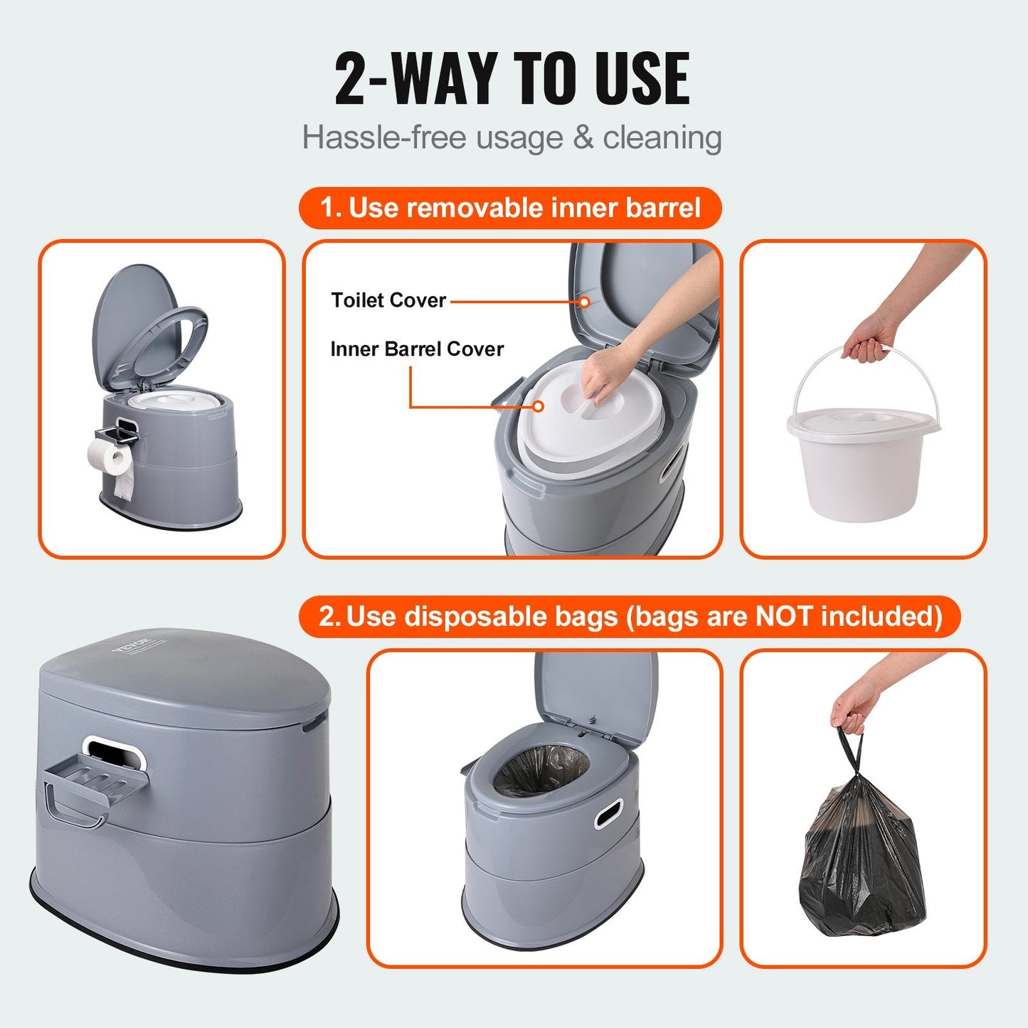 Portable Camping Toilet with 5L Bucket & Dual Lids, 136 kg Capacity, 0.5m Height