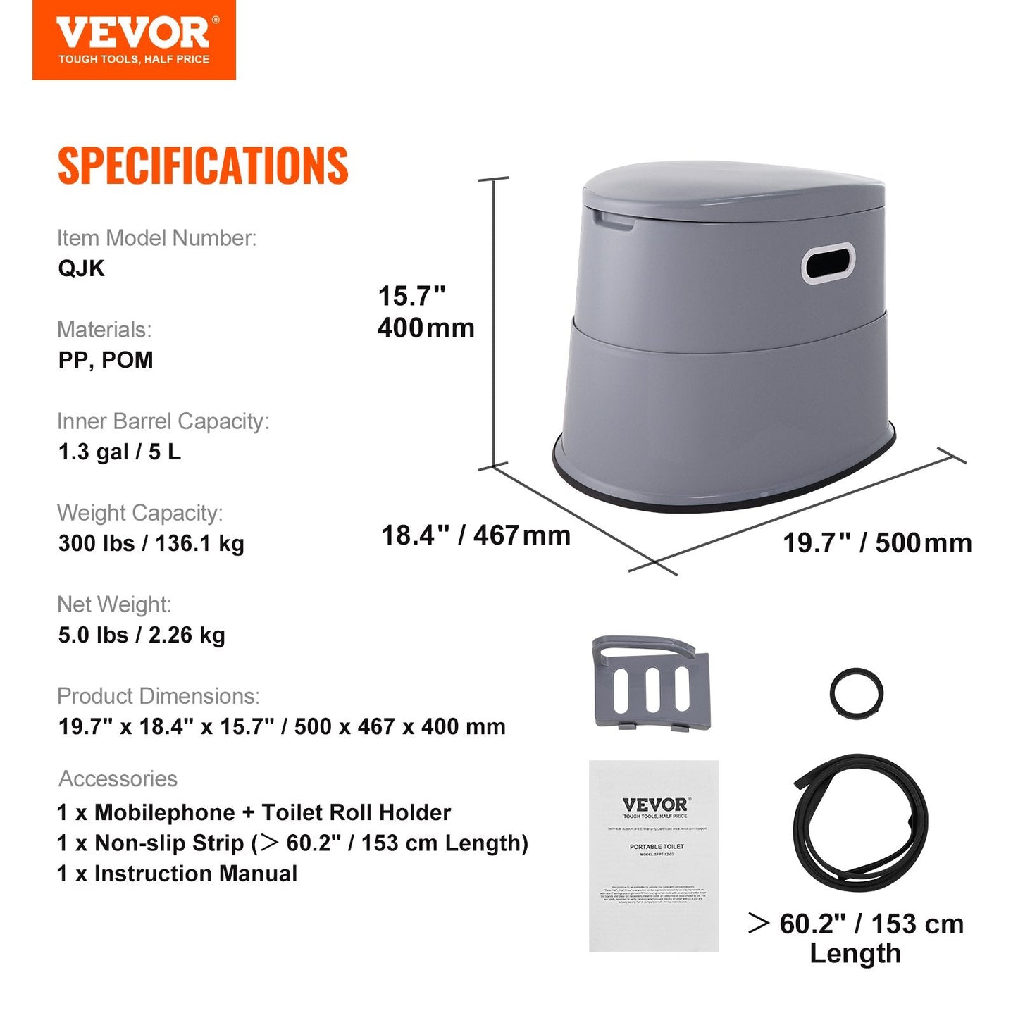 Portable Camping Toilet with 5L Bucket & Dual Lids, 136 kg Capacity, 0.5m Height