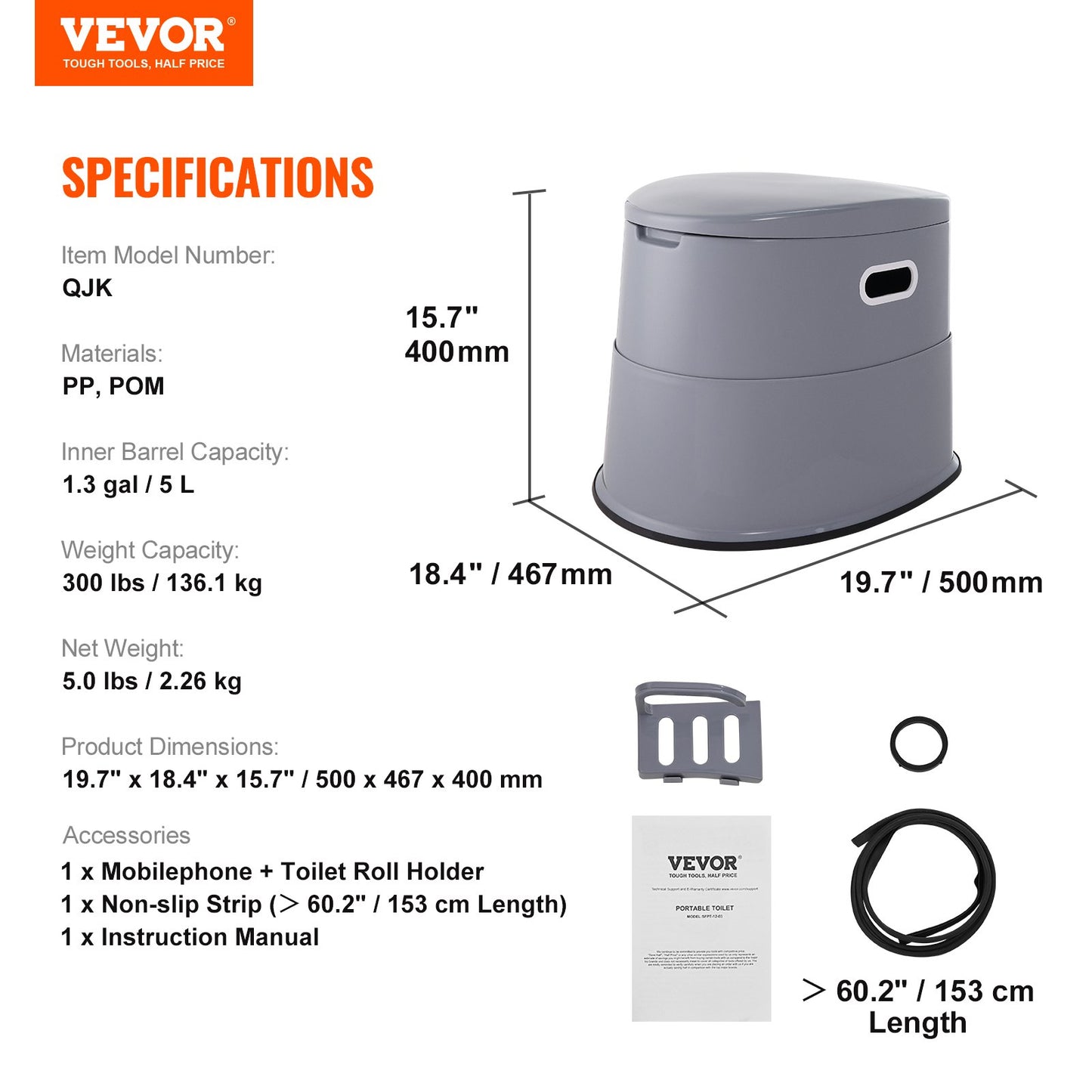 VEVOR Portable Toilet for Camping, Porta Potty with 5L Detachable Inner Bucket &