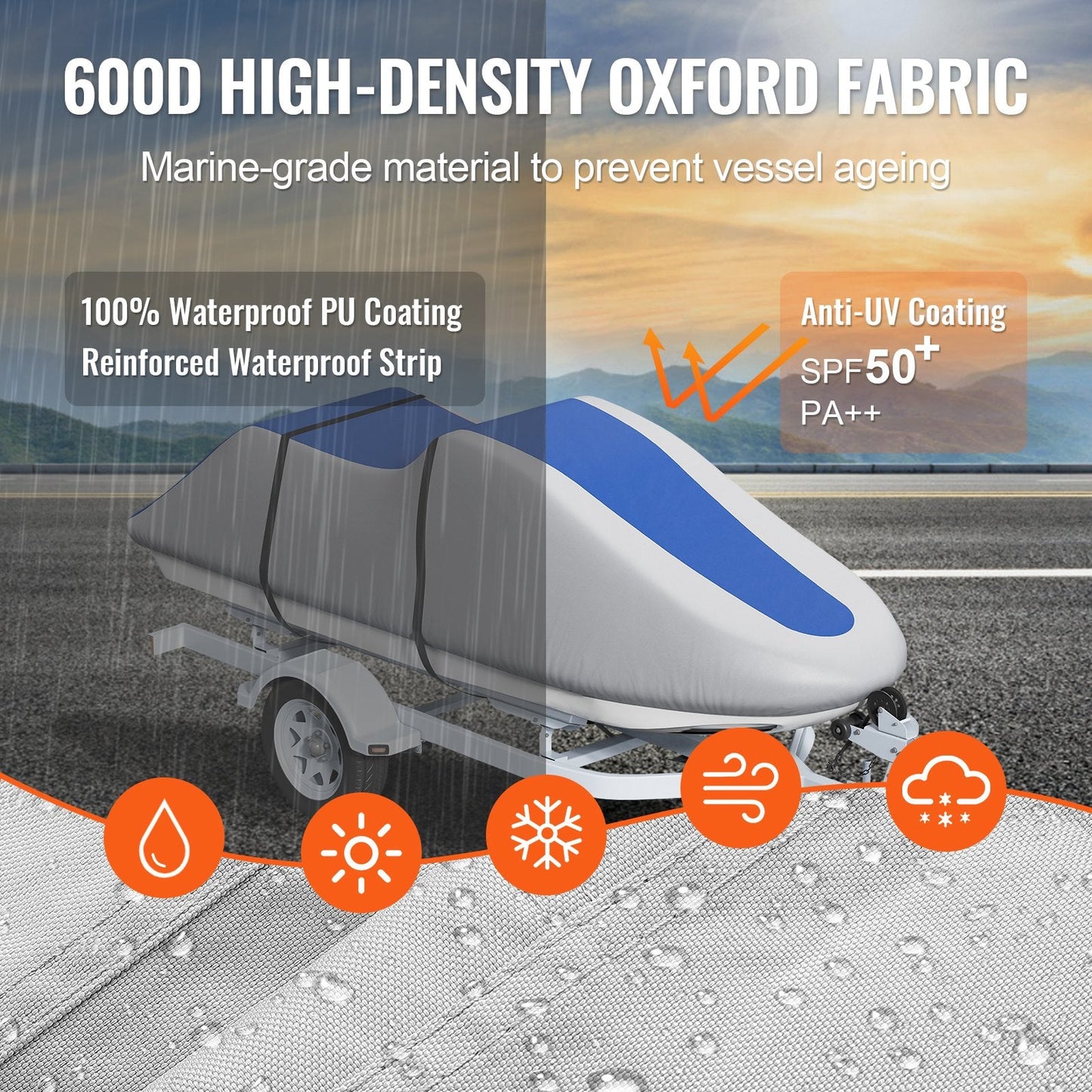 Durable Jet Ski Cover 3.2-3.42m, Waterproof, UV Resistant, Grey/Blue