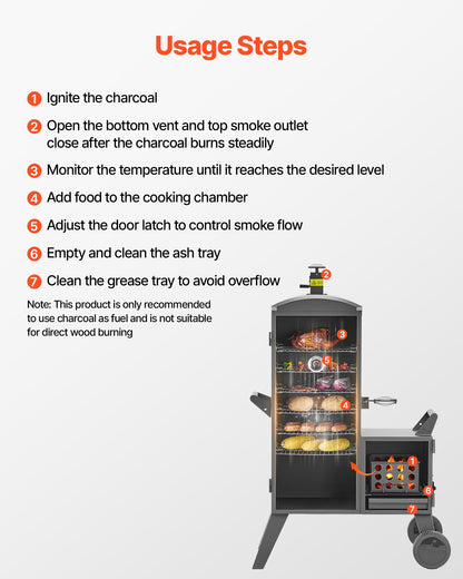 Charcoal Offset Smoker, Heavy-Duty Steel BBQ Offset Smoker with Side Firebox, Movable Outdoor Barbecue Smokers with 6 Adjustable Grates, Thermometer & Air Vents for Backyard Patio Party Cooking