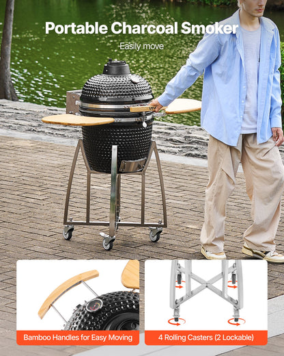 Charcoal Smoker and Grill, 450mm Kamado Charcoal BBQ Smoker, Movable Ceramic Barbecue Grill with 4 Wheels (2 Lockable), Built-in Thermometer, Air Vent & Side Shelf for Outdoor Patio Yard Cooking