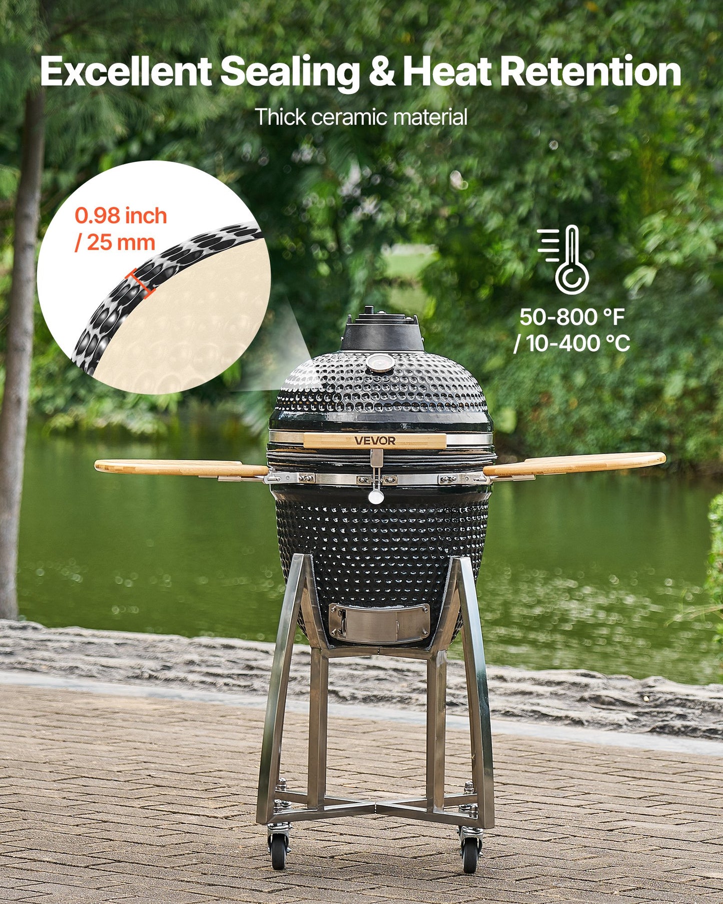 Charcoal Smoker and Grill, 450mm Kamado Charcoal BBQ Smoker, Movable Ceramic Barbecue Grill with 4 Wheels (2 Lockable), Built-in Thermometer, Air Vent & Side Shelf for Outdoor Patio Yard Cooking